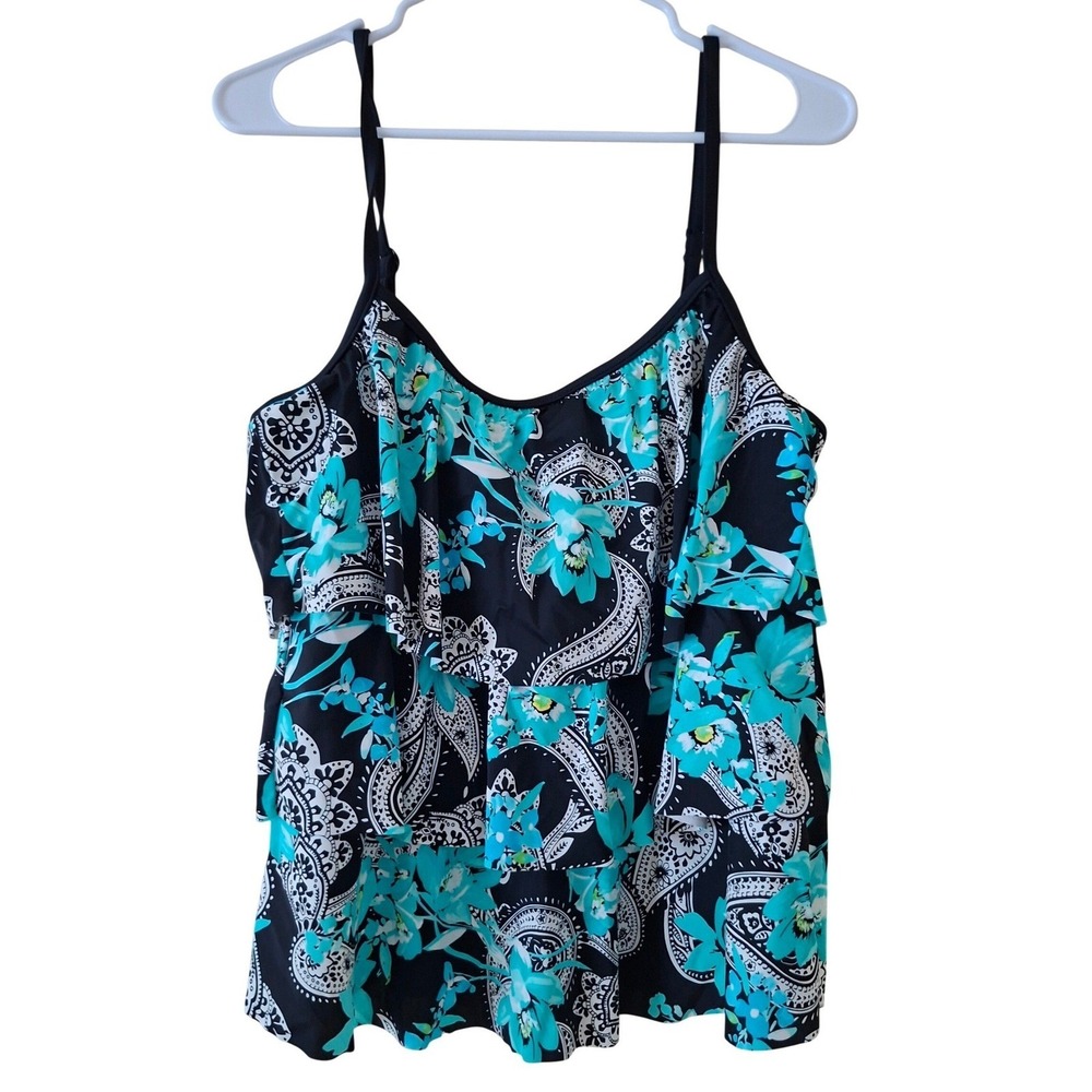 Maxime Swim Tankini 16 Black Turquoise Paisley Ruffle swimwear Top womens XL